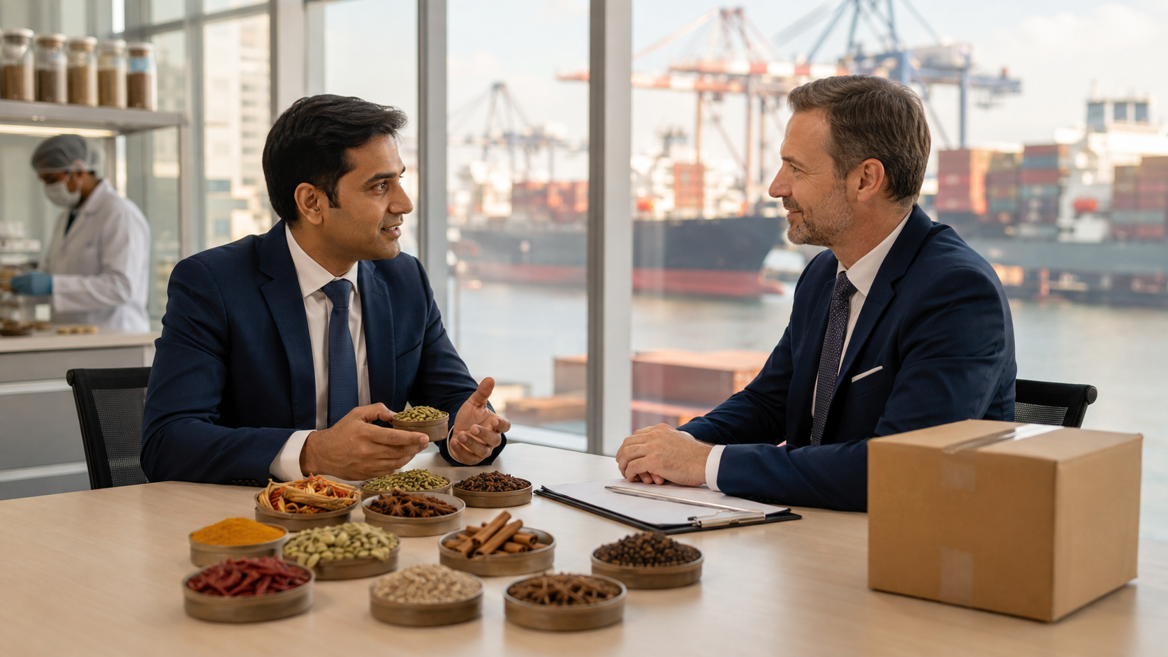 Contact export sales — spice samples discussion with port background and lab specialist