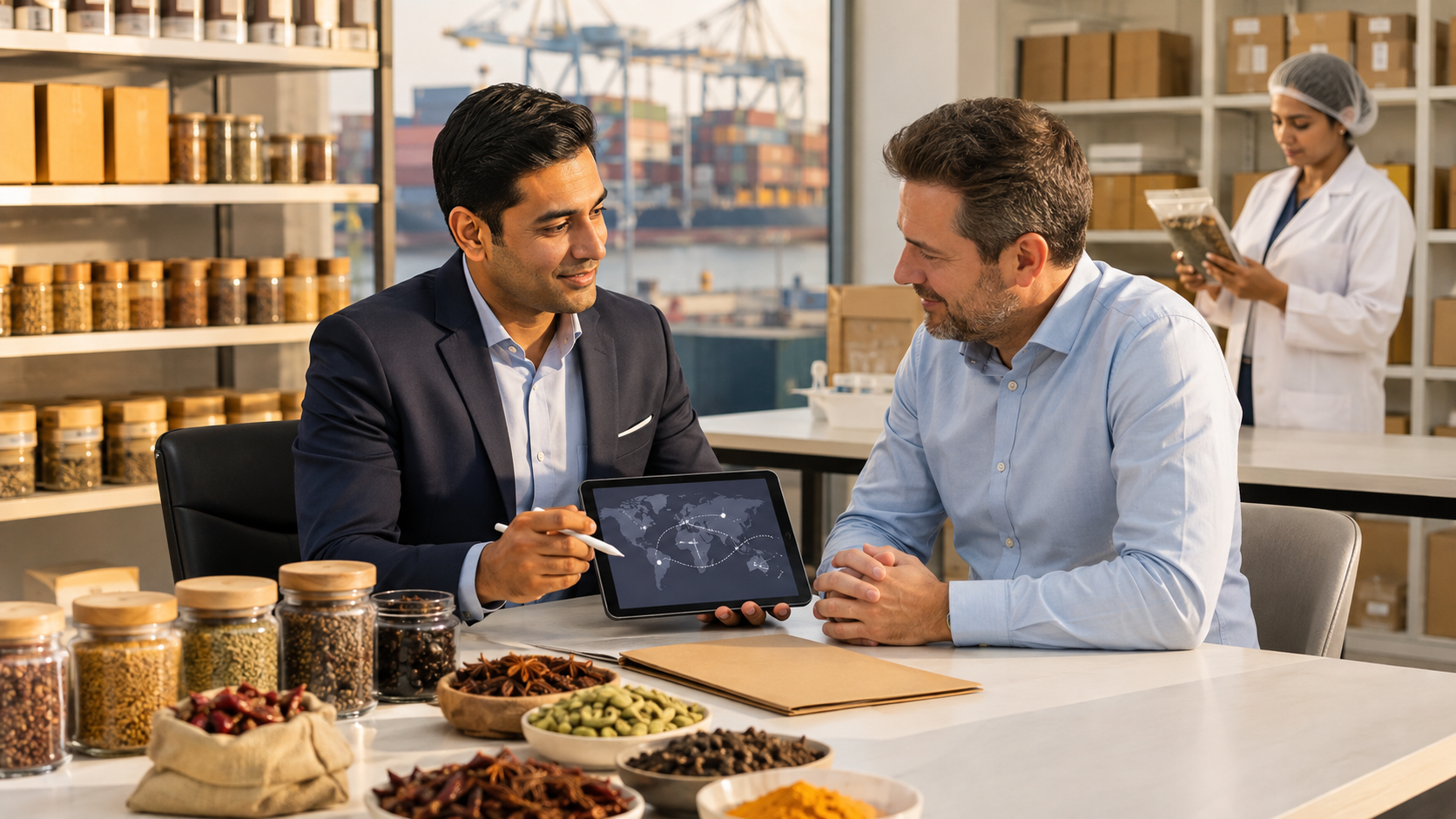 Export support for global buyers — B2B consultation with world map, spices and port in background