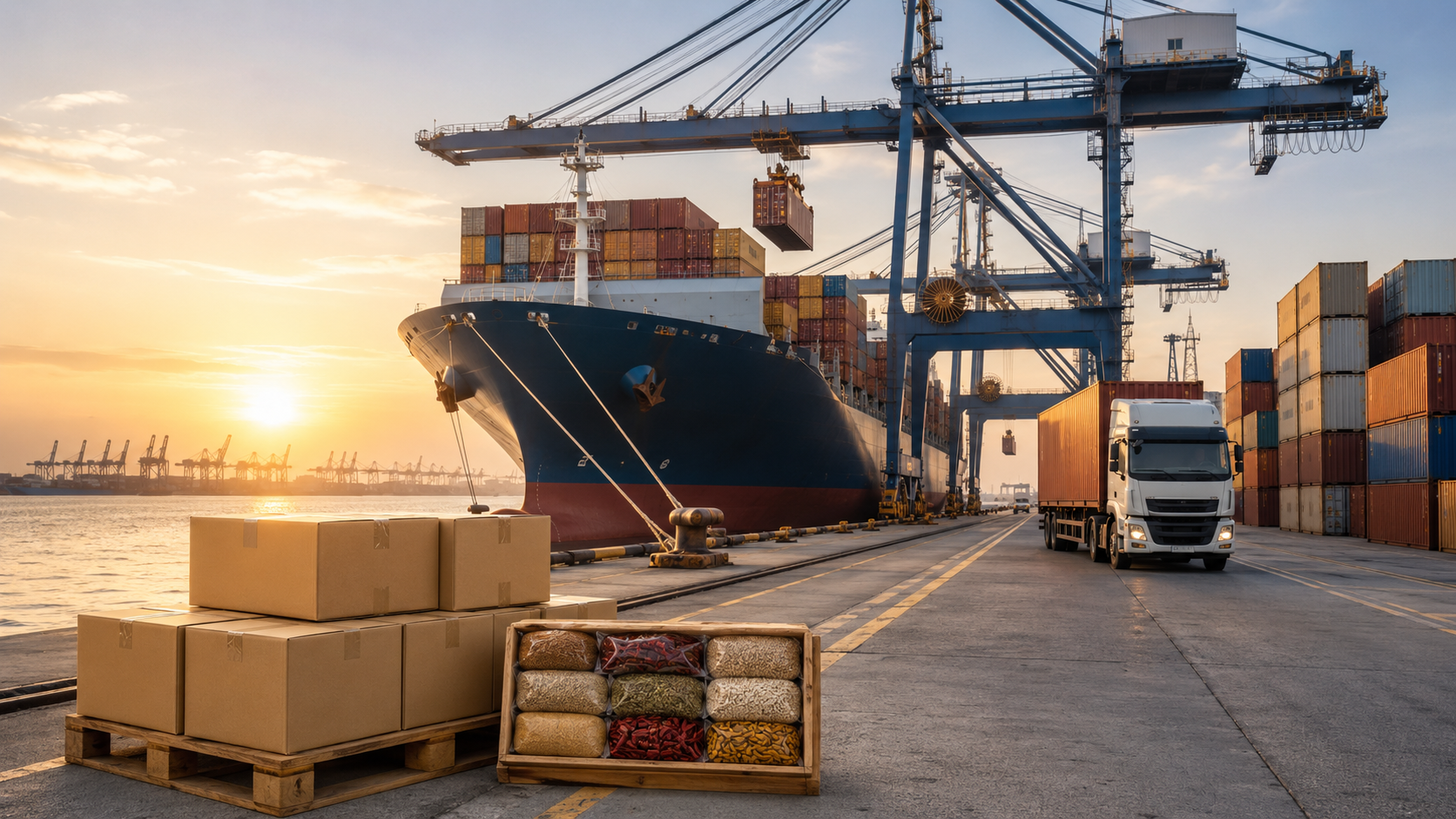 Global export logistics — container ship at port with packed spices ready for export